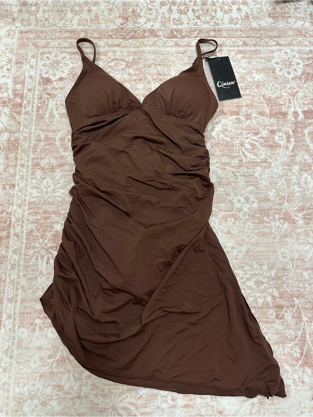 NEW 🤎Swim Brown Ruched Swimdress - V-Neck - Picture 5 of 10